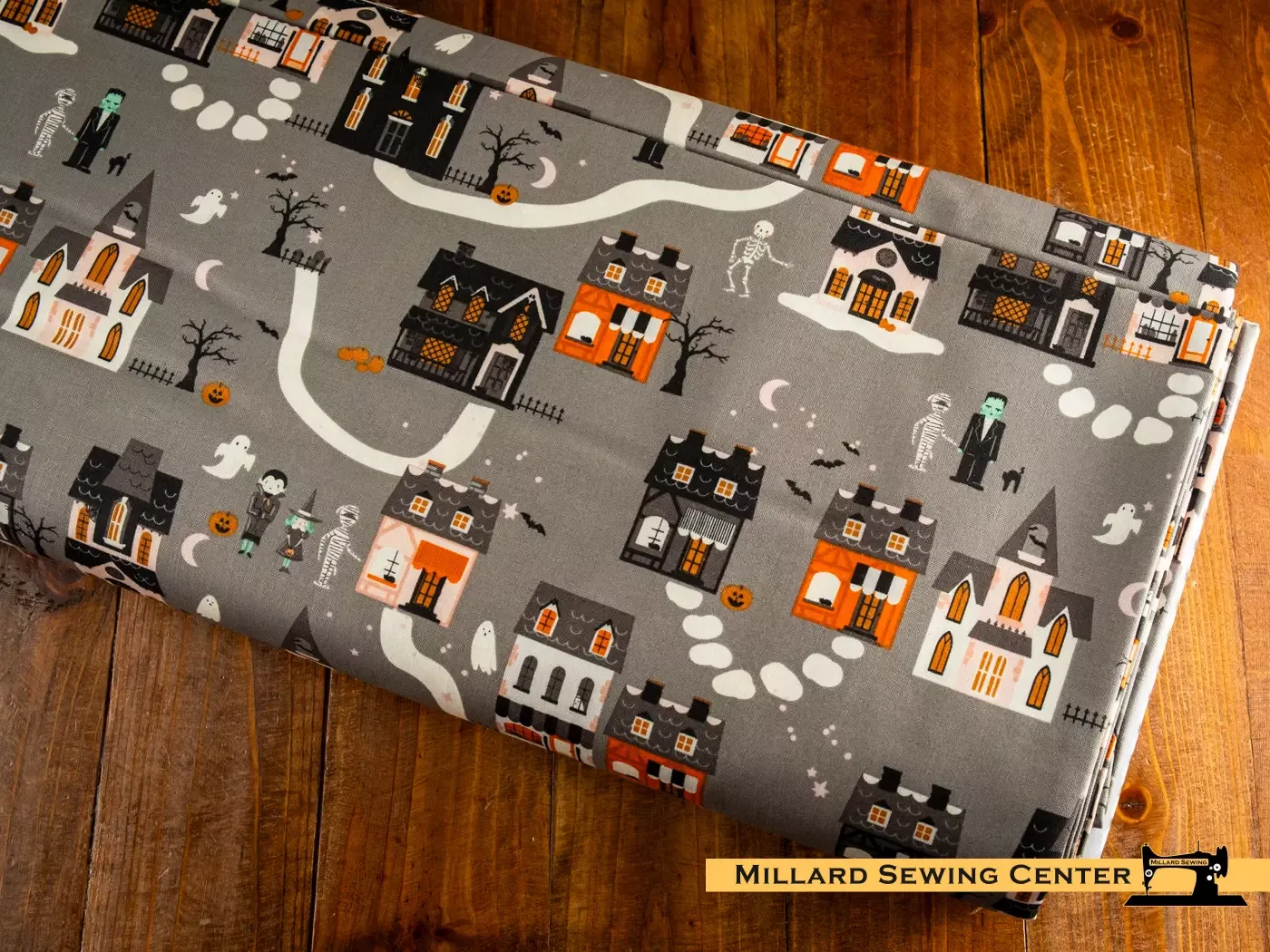 Cotton Fabric, 43″/44″ Wide Frank and Friends in Houses Gray by Riley Blake