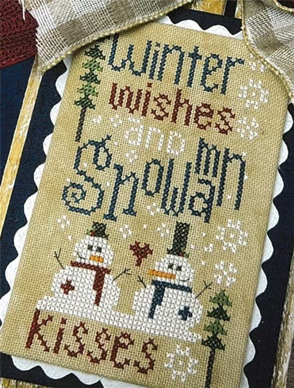 Snowman Kisses Cross Stitch KIT - Incl. Pattern, Aida, Thread, Fabric & Trims