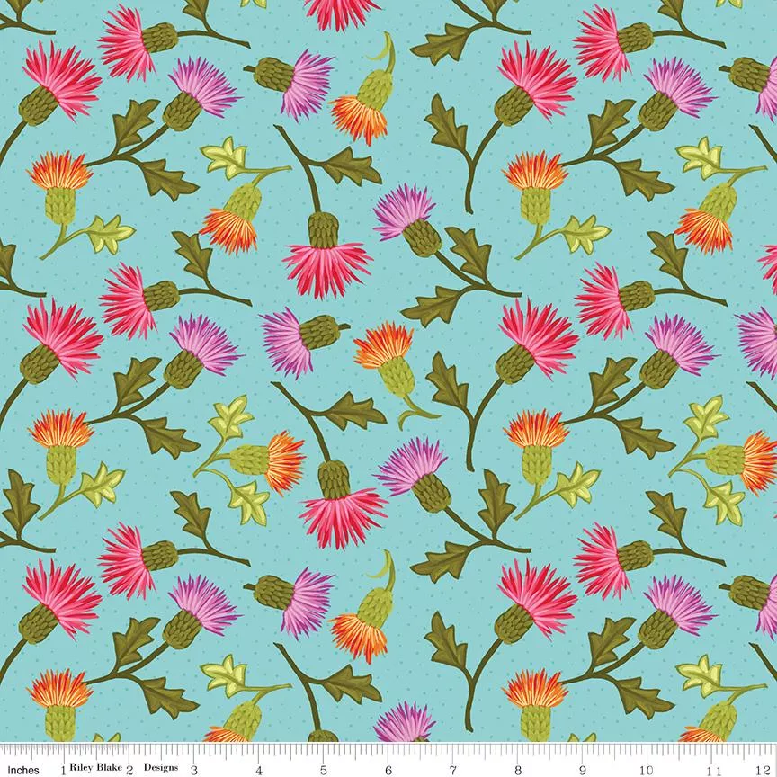 Zinnias Thistles Aqua Yardage CD16692-Aquaby Lila Tueller Sold in 1/2 yard increments cut continuously