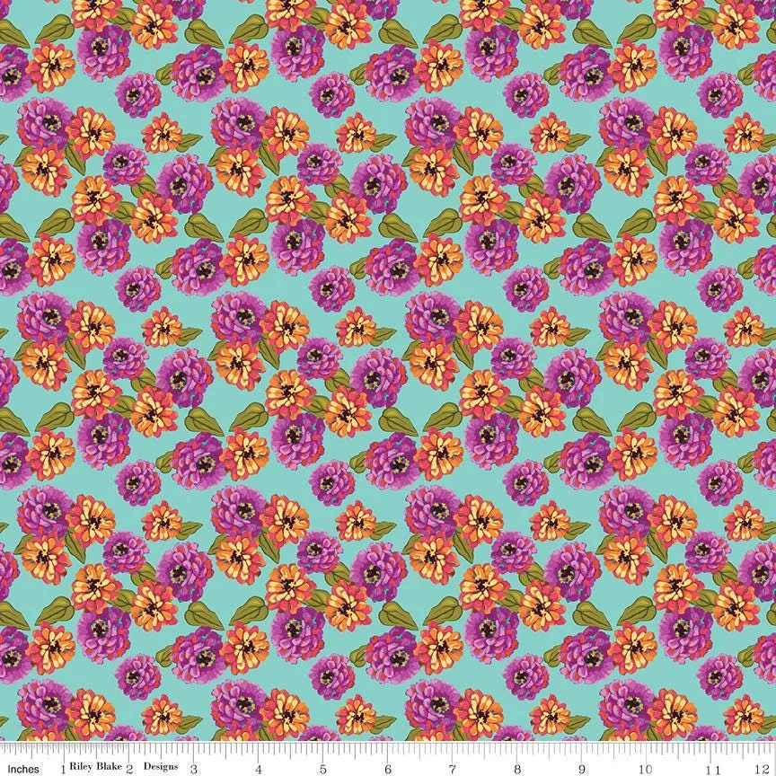 Zinnias Zinnias Aqua Yardage CD16693-Aquaby Lila Tueller Sold in 1/2 yard increments cut continuously