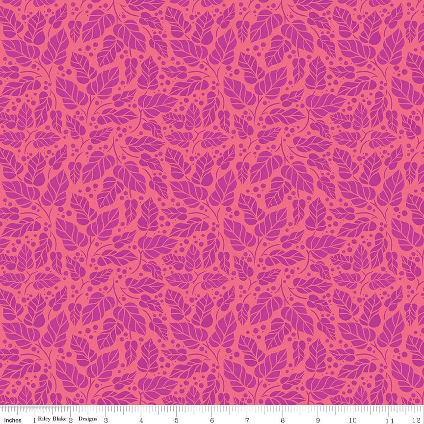 Zinnias Zinnias Leaves Pink Yardage C16694-HotPinkby Lila Tueller Sold in 1/2 yard increments cut continuously